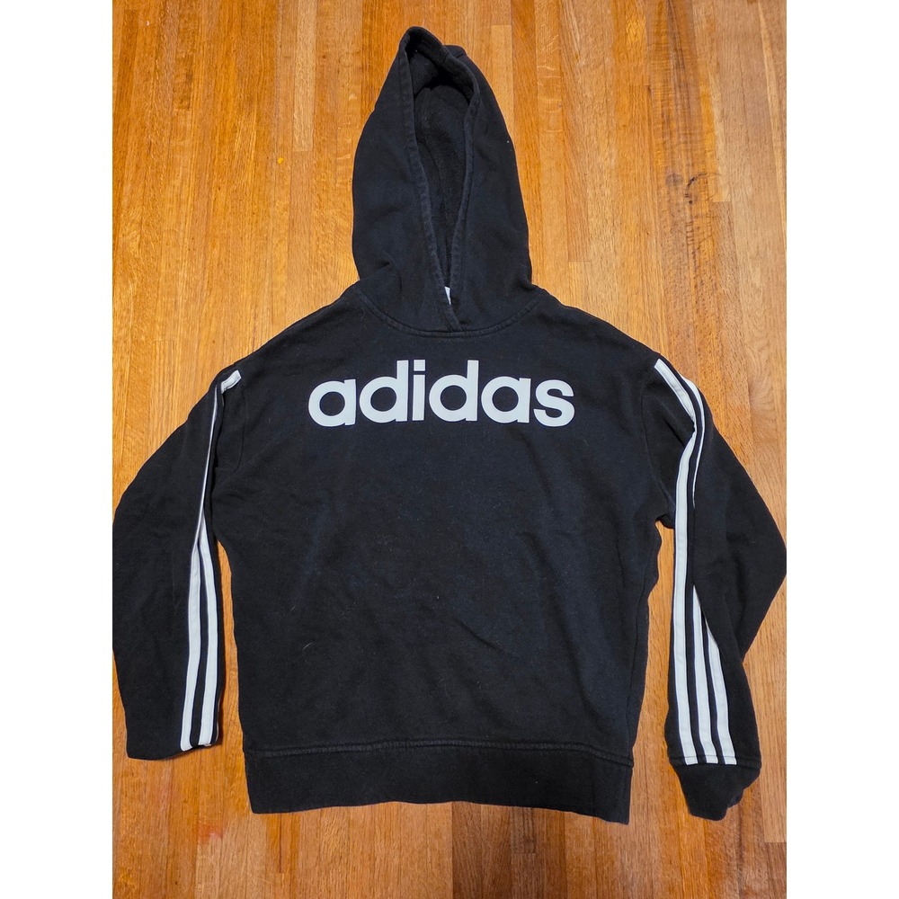 Adidas‎ Kids Large 14 Black White Three Stripe Fleece Pullover Sweatshirt Hoodie